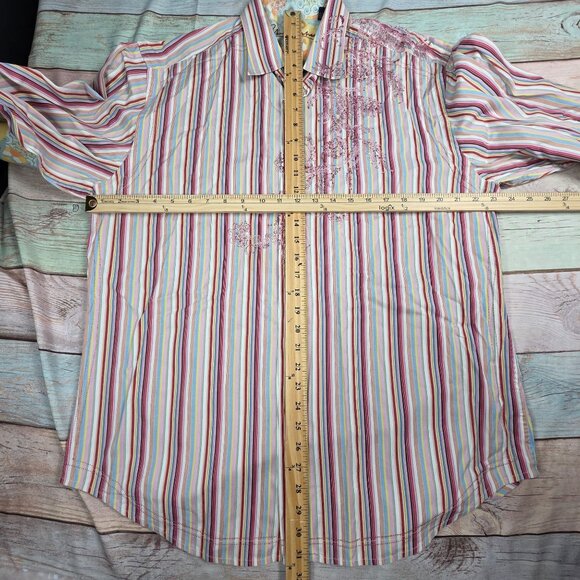 Robert Graham Mens Striped Embroidered Long Sleeve Button-Up Shirt, XL - Picture 7 of 9